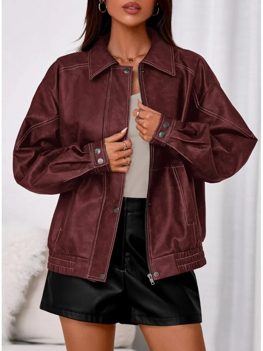 Women's Bomber Motorcycle Zip Up Jackets Oversized Faux Leather Jacket Wine Red